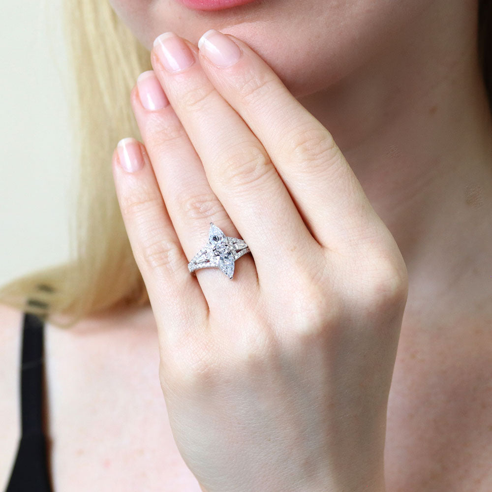 Model wearing 2-Stone Art Deco CZ Ring in Sterling Silver, 2 of 9