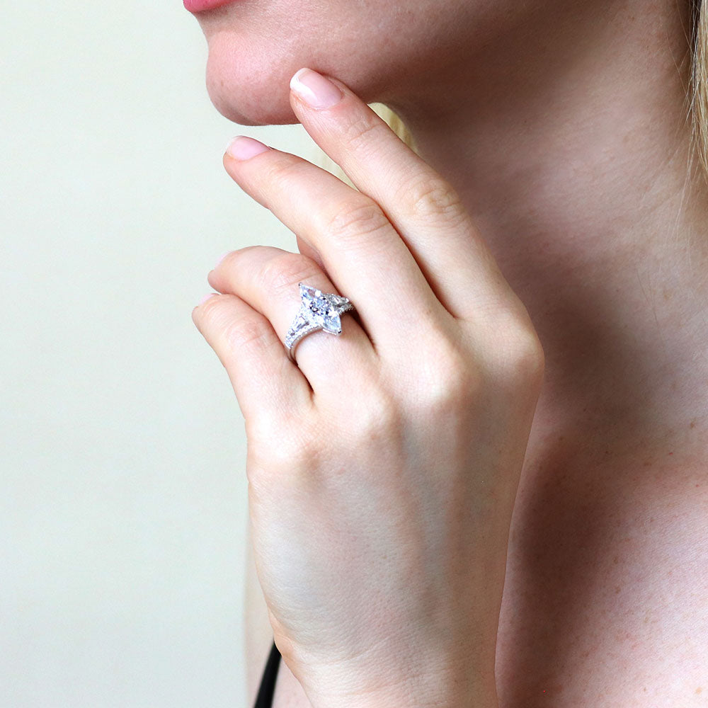 Model wearing 2-Stone Art Deco CZ Ring in Sterling Silver, 7 of 9