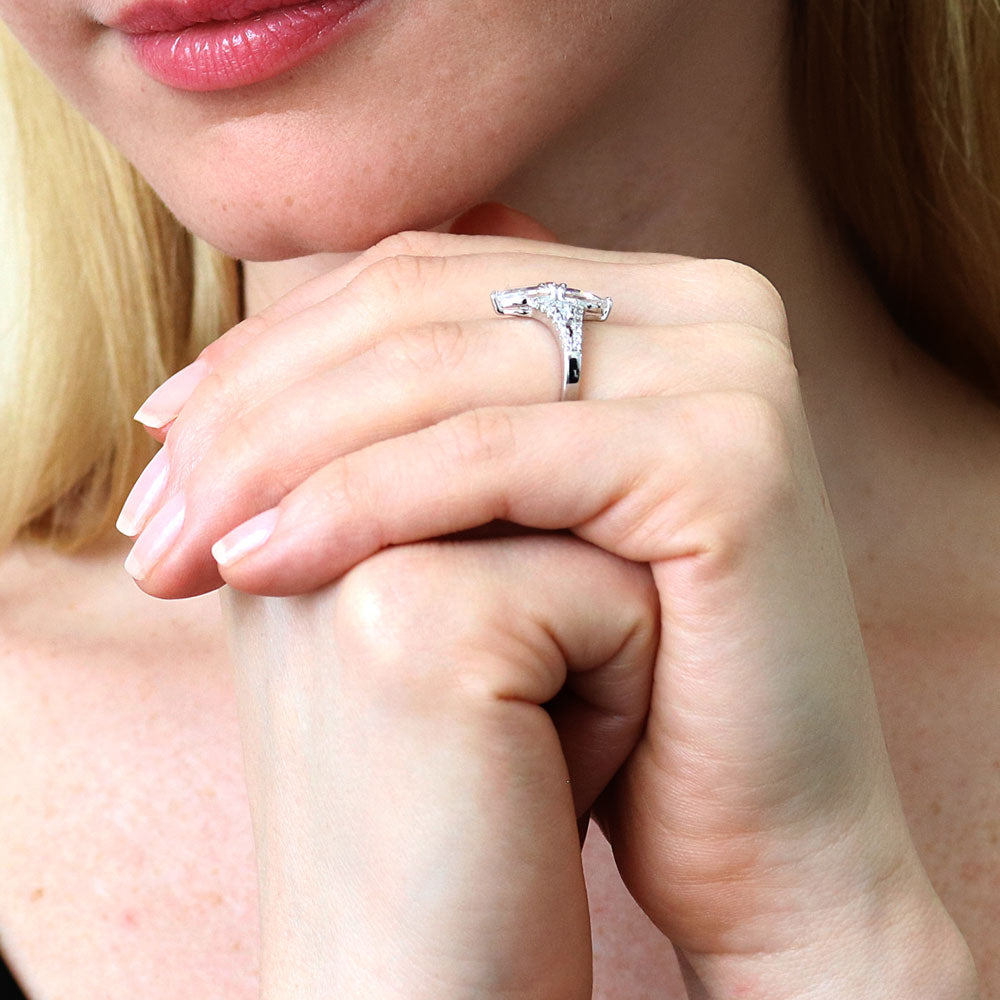 Model wearing 2-Stone Art Deco CZ Ring in Sterling Silver, 6 of 9