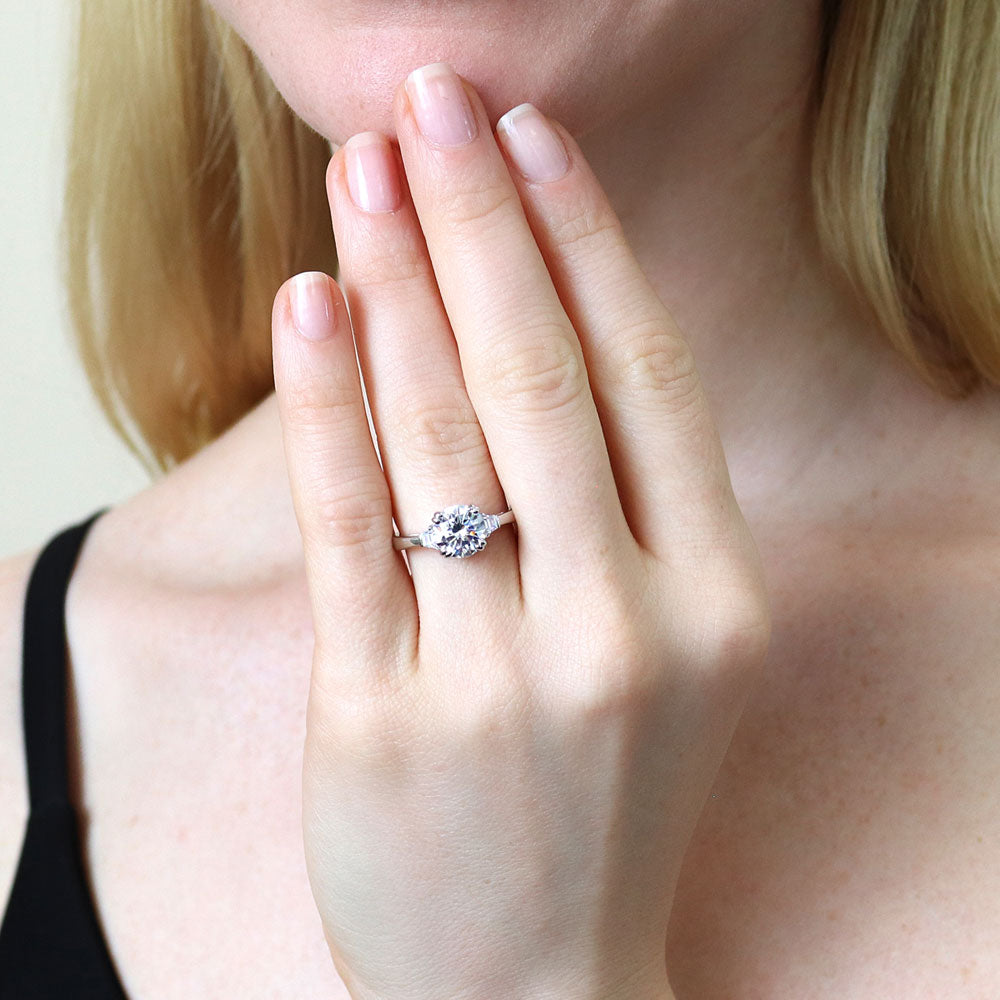 Model wearing 3-Stone 2ct CZ Ring in Sterling Silver, 2 of 9