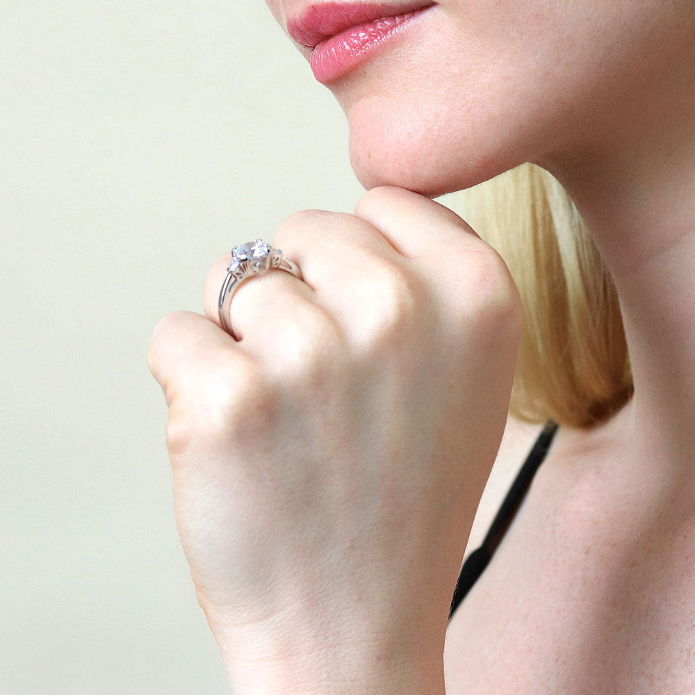Model wearing 3-Stone 2ct CZ Ring in Sterling Silver, 3 of 9