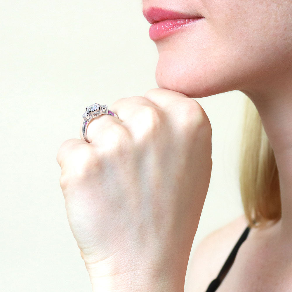 Model wearing 3-Stone 1.8ct Oval CZ Ring in Sterling Silver, 2 of 8