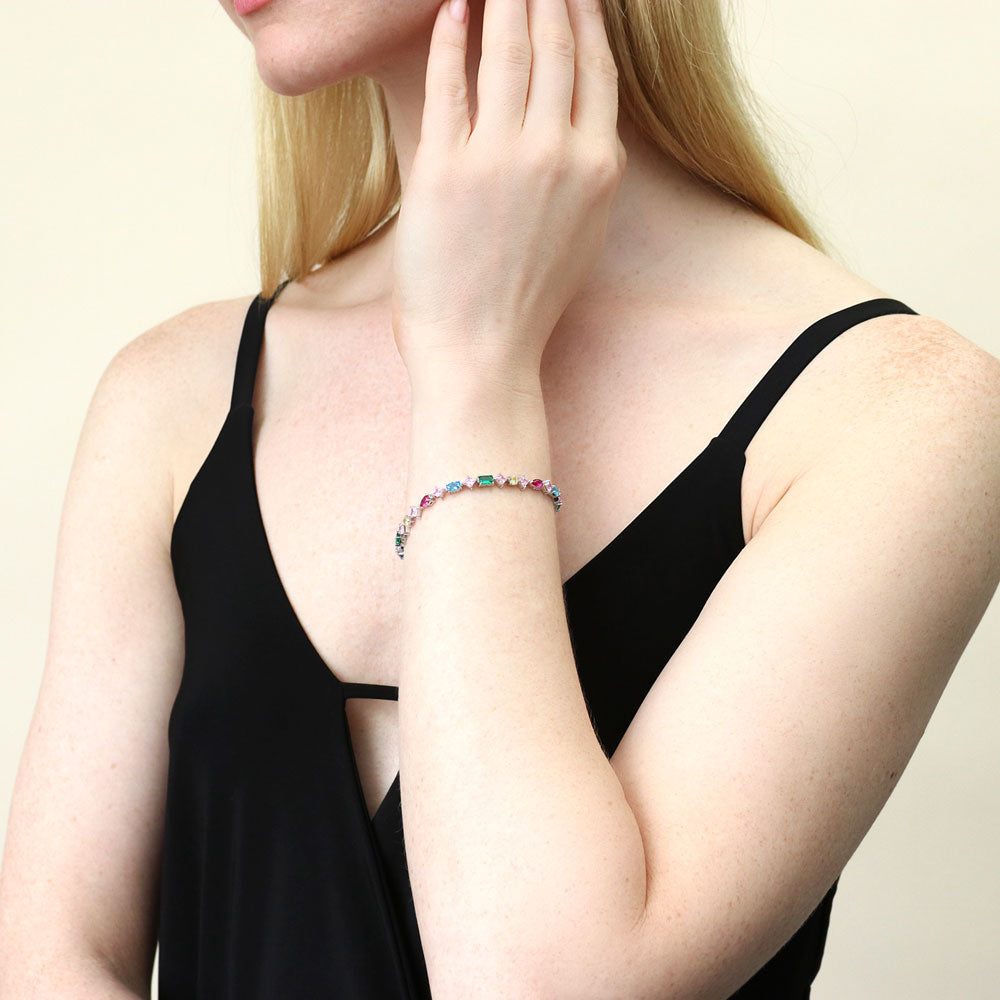 Model wearing Cluster Emerald-Green CZ Tennis Bracelet in Sterling Silver, 5 of 9