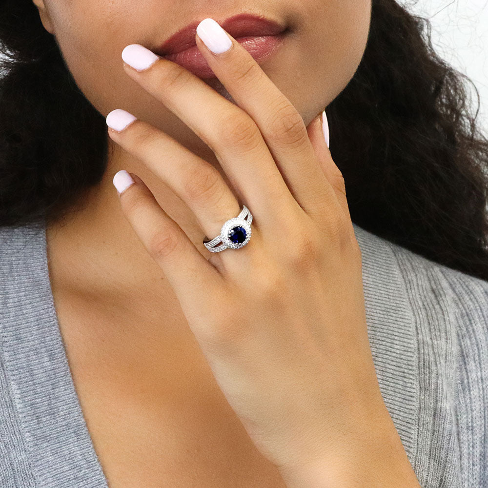 Model wearing Halo Sapphire-Blue CZ Split Shank Ring in Sterling Silver, 3 of 10