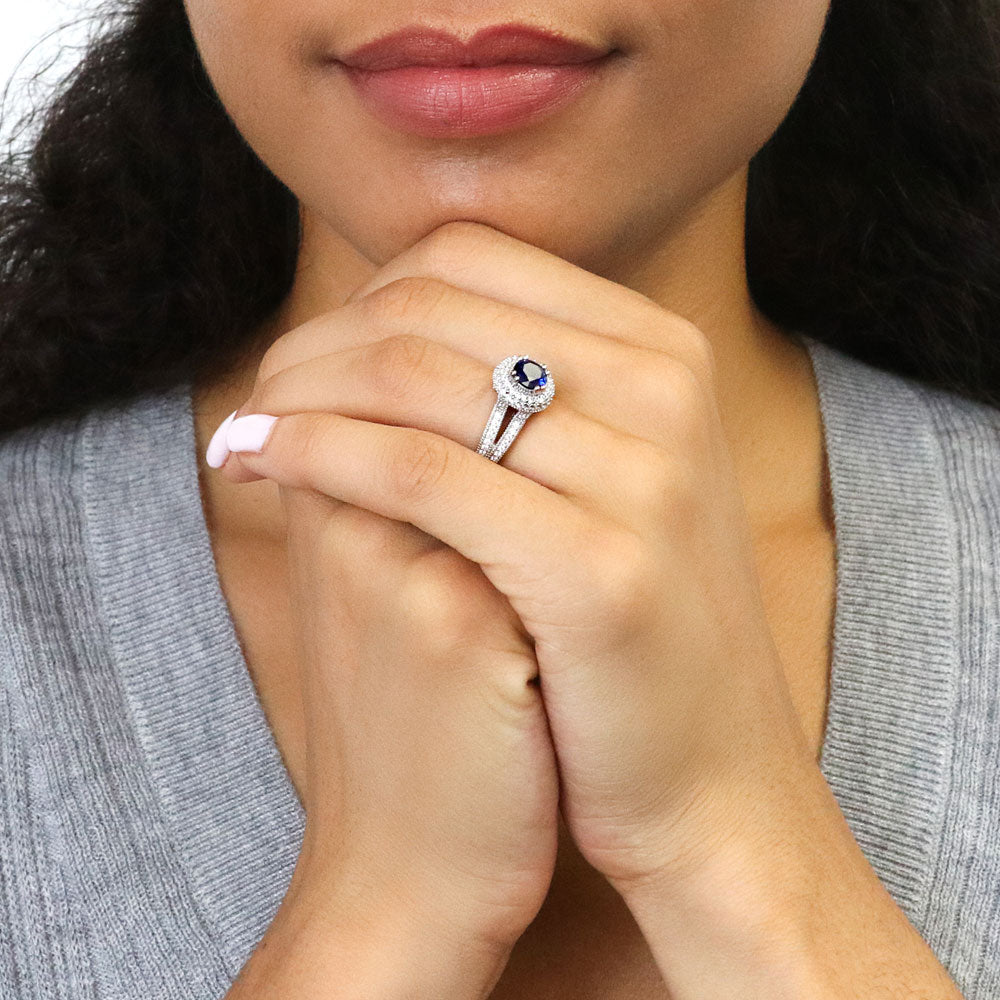 Halo Sapphire-Blue CZ Split Shank Ring in Sterling Silver