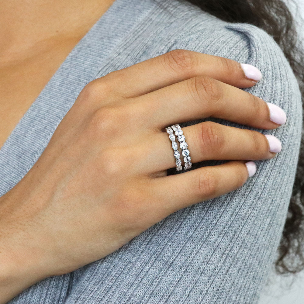 Model wearing Bezel Marquise CZ Eternity Ring in Sterling Silver, 9 of 9