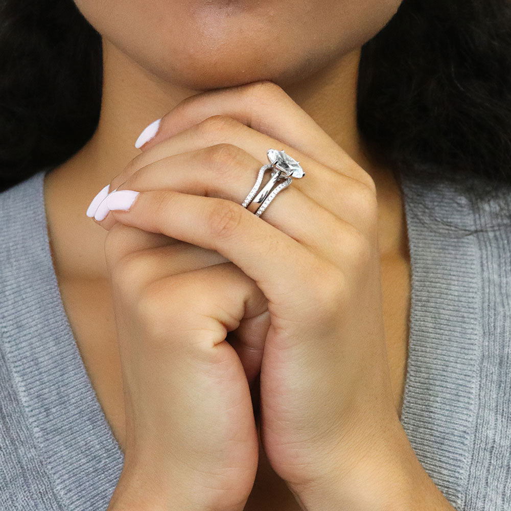 Model wearing Solitaire Wishbone 3ct Oval CZ Ring Set in Sterling Silver, 9 of 19