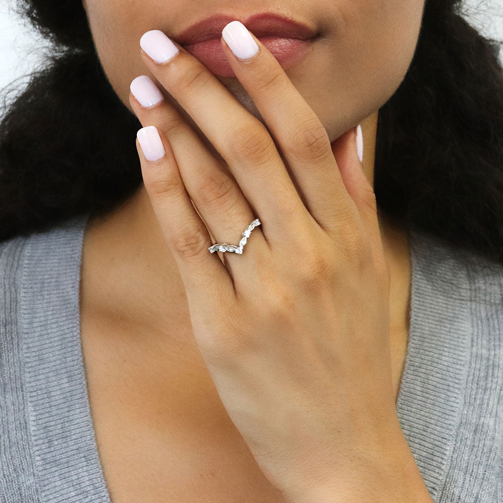 Chevron Halo Pink CZ Ring Set in Sterling Silver