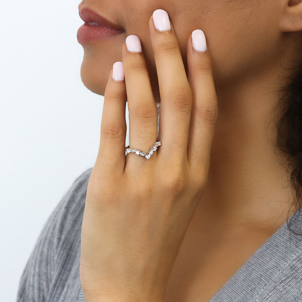Model wearing Wishbone Chevron CZ Curved Band in Sterling Silver, 2 of 7