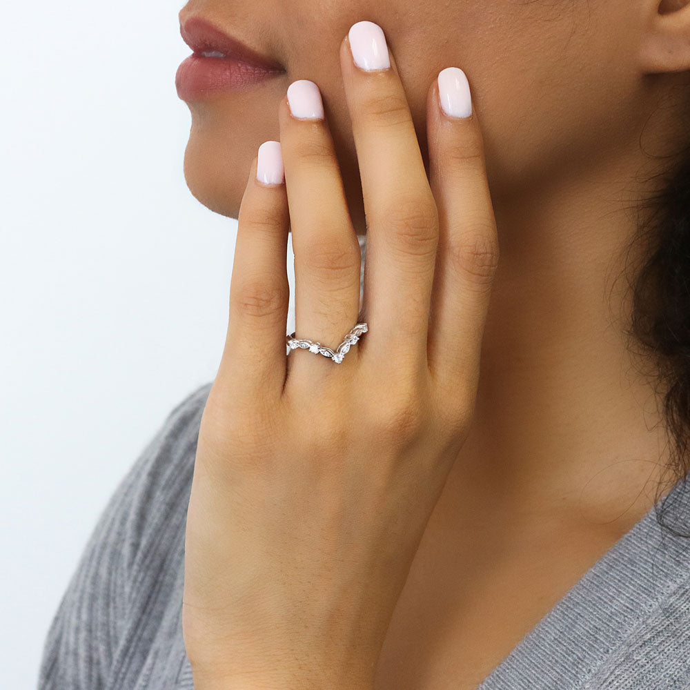 Model wearing Halo Art Deco Chevron V Shaped CZ Ring Set in Sterling Silver, 9 of 11