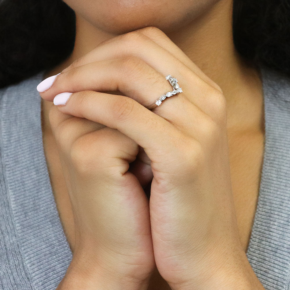 Model wearing Wishbone Chevron CZ Curved Band in Sterling Silver, 6 of 7