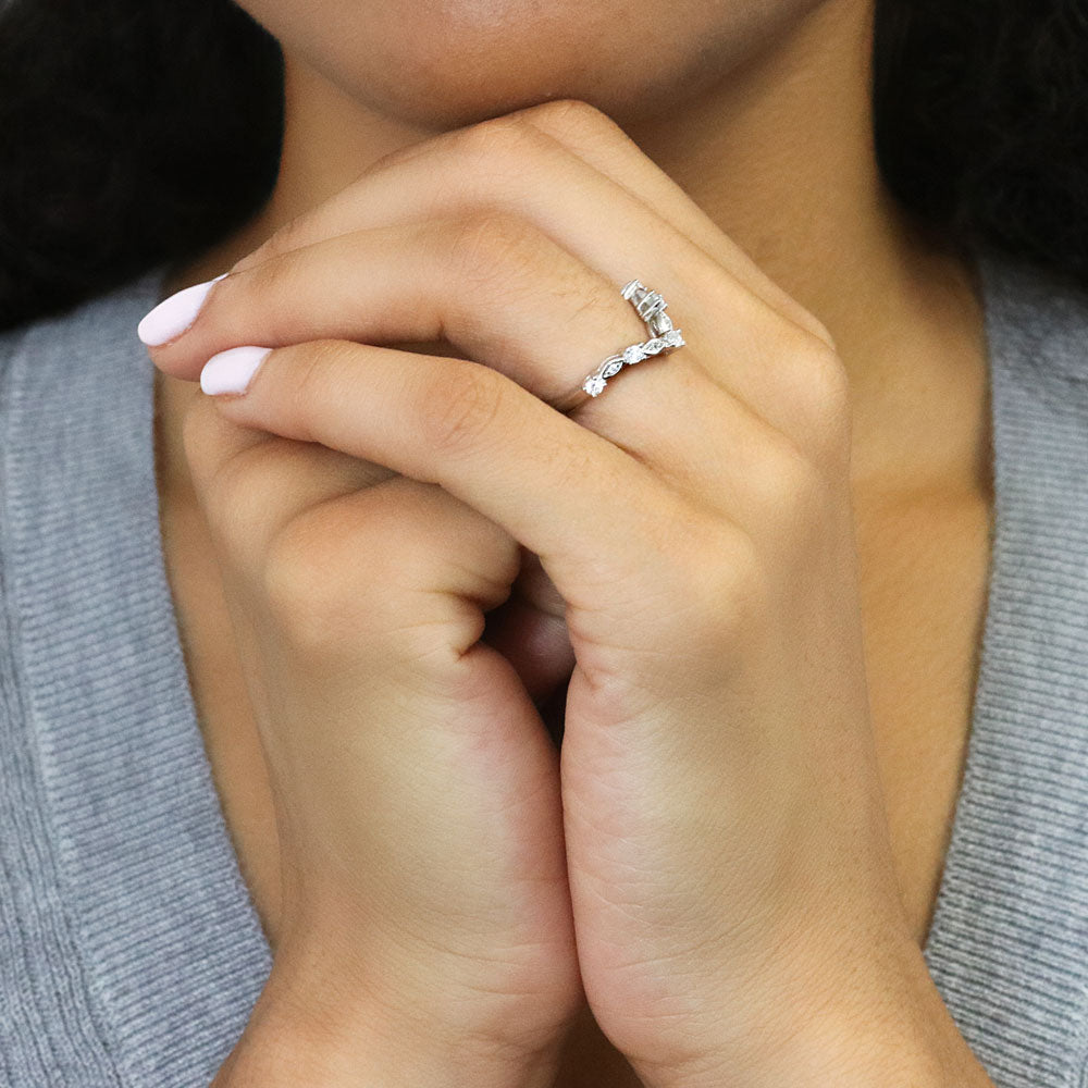 Model wearing Halo Art Deco Chevron V Shaped CZ Ring Set in Sterling Silver, 11 of 11