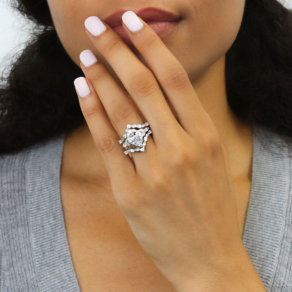 Model wearing Halo Art Deco Chevron V Shaped CZ Ring Set in Sterling Silver, 2 of 15