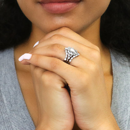 Halo Art Deco Chevron V Shaped CZ Ring Set in Sterling Silver