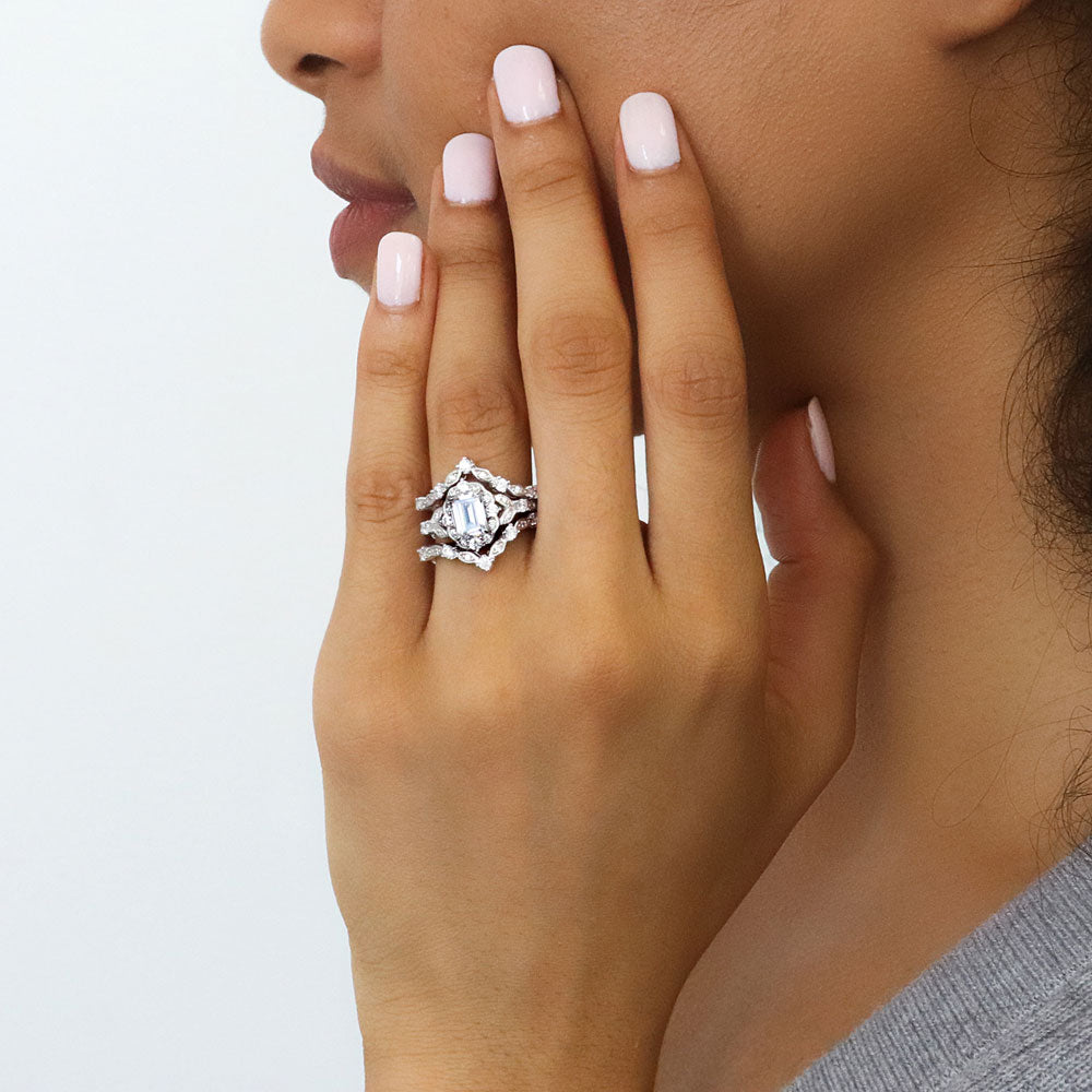 Halo Art Deco Chevron V Shaped CZ Ring Set in Sterling Silver