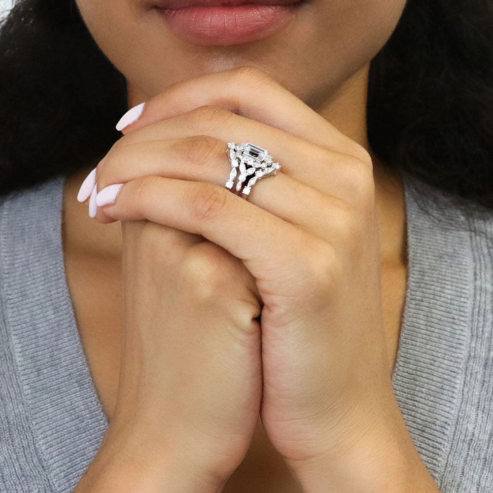 Model wearing Halo Art Deco Chevron V Shaped CZ Ring Set in Sterling Silver, 6 of 15