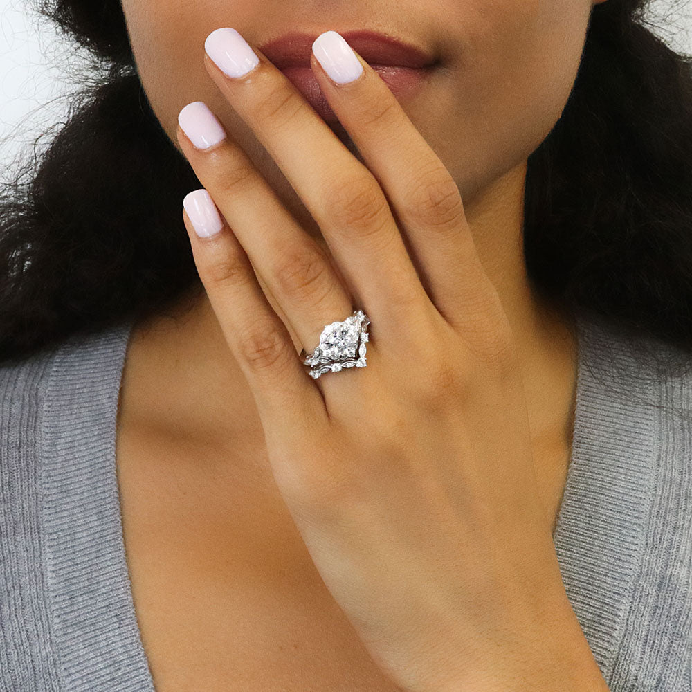 Model wearing Halo Art Deco Chevron V Shaped CZ Ring Set in Sterling Silver, 2 of 18