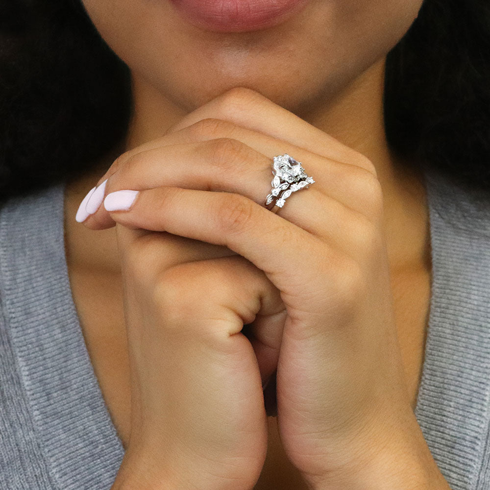 Model wearing Halo Art Deco Chevron V Shaped CZ Ring Set in Sterling Silver, 7 of 18