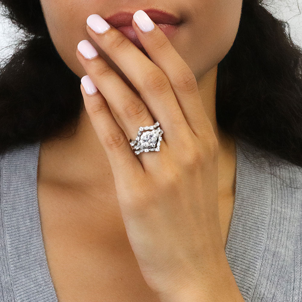 Model wearing Halo Art Deco Chevron V Shaped CZ Ring Set in Sterling Silver, 2 of 15