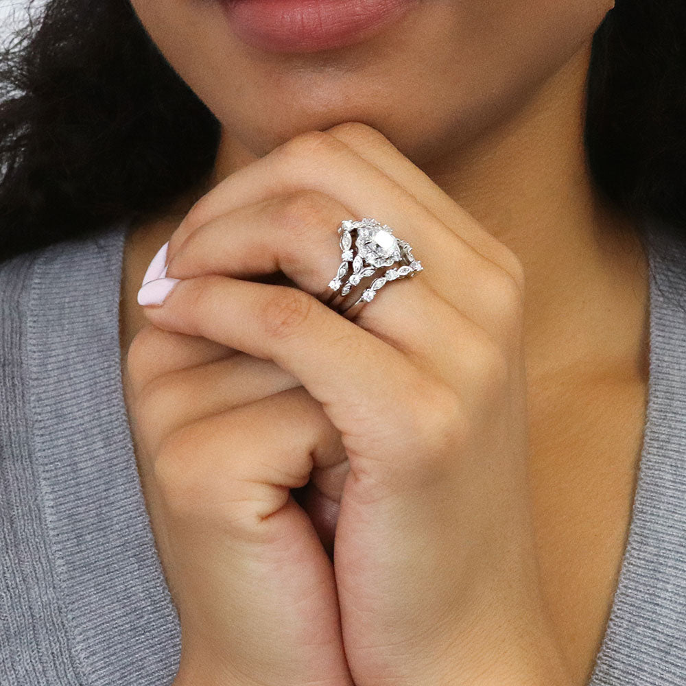 Model wearing Halo Art Deco Chevron V Shaped CZ Ring Set in Sterling Silver, 6 of 15