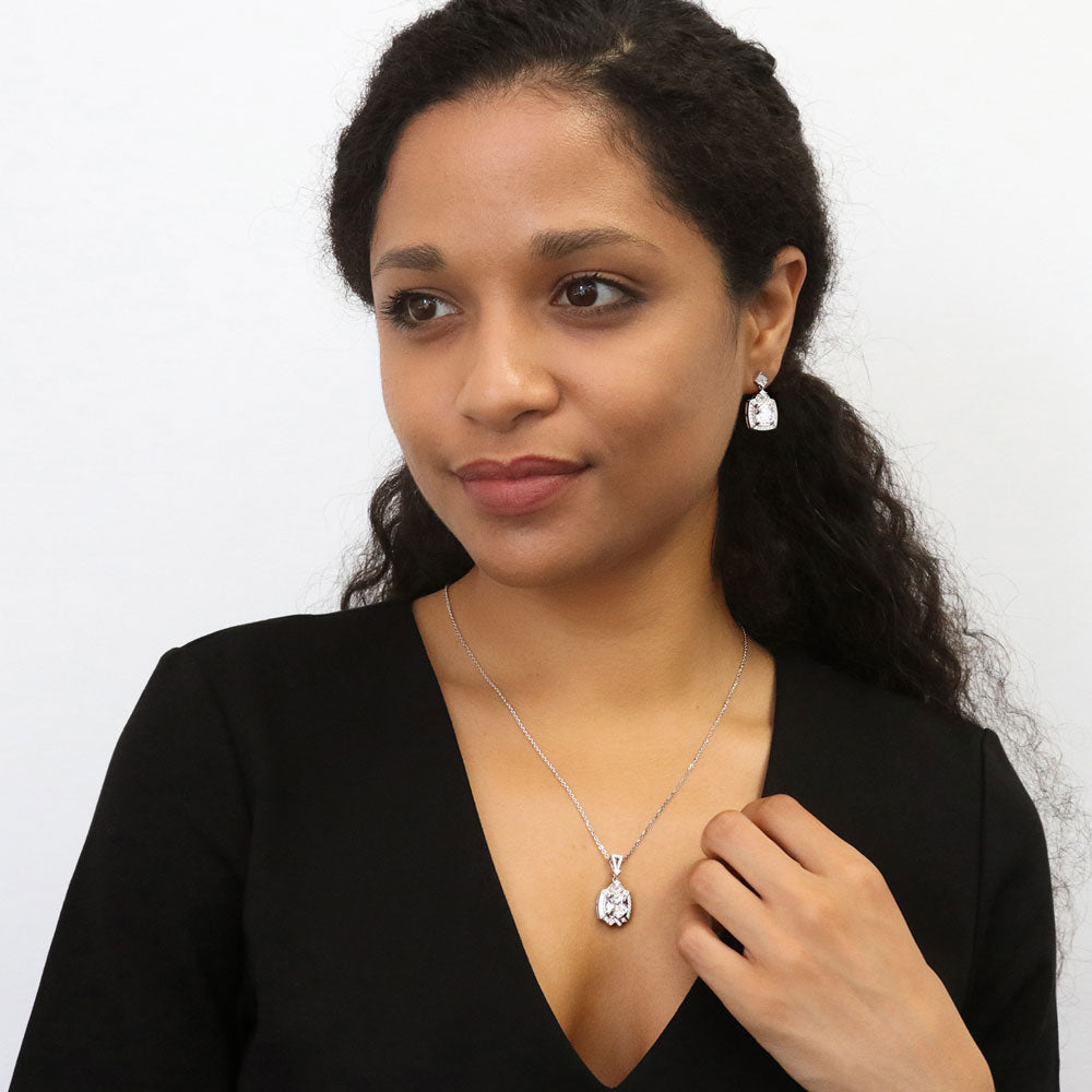 Model wearing Arrow Halo Art Deco CZ Necklace in Sterling Silver, 2 of 5