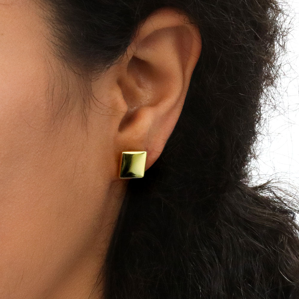 Model wearing Square Stud Earrings in Gold Flashed Sterling Silver, 2 Pairs, 2 of 10