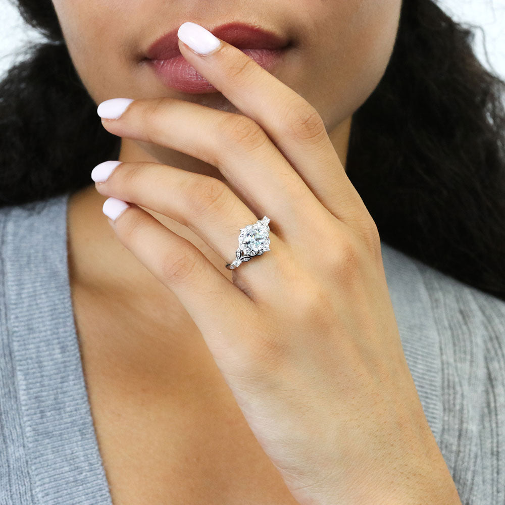 Model wearing Halo Art Deco Chevron V Shaped CZ Ring Set in Sterling Silver, 3 of 11