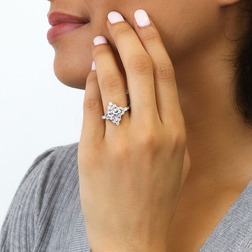 Model wearing Halo Art Deco Marquise CZ Ring in Sterling Silver, 2 of 8