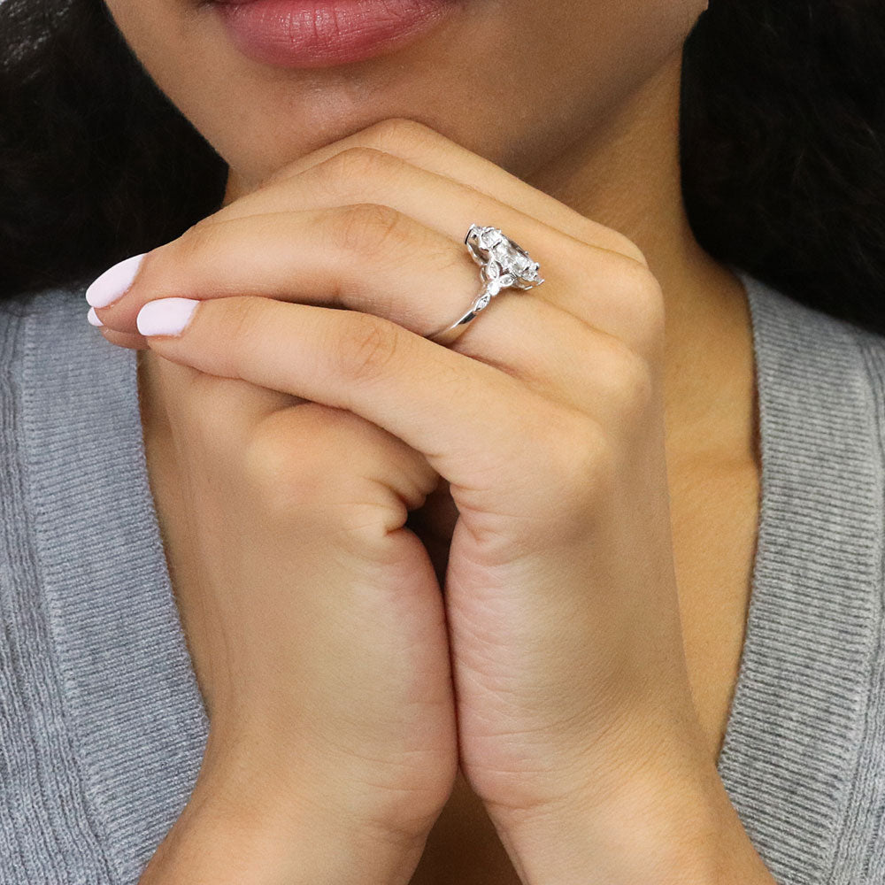 Model wearing Halo Art Deco Marquise CZ Ring in Sterling Silver, 6 of 8