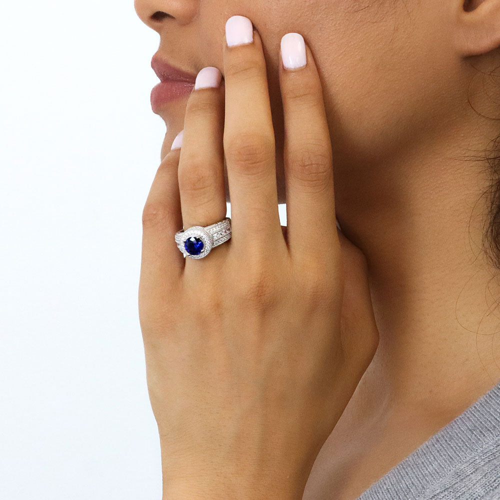 Model wearing Halo Milgrain Sapphire-Blue CZ Ring in Sterling Silver, 2 of 15