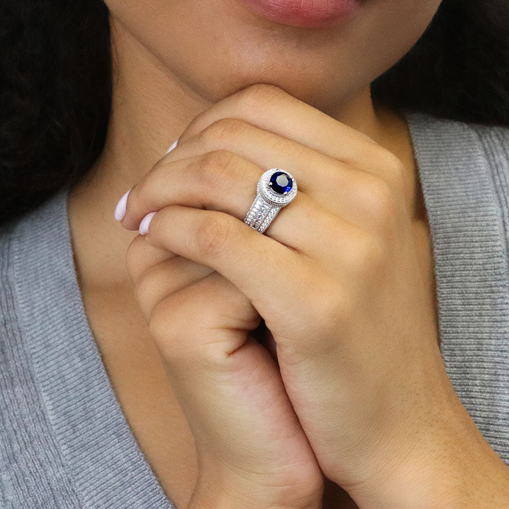 Model wearing Halo Milgrain Sapphire-Blue CZ Ring in Sterling Silver, 9 of 15