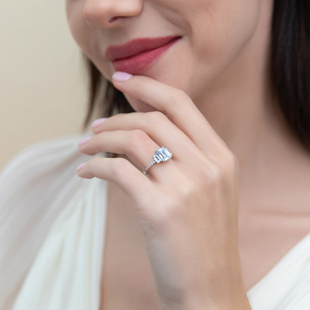 3-Stone 2.1ct Emerald Cut CZ Ring in Sterling Silver
