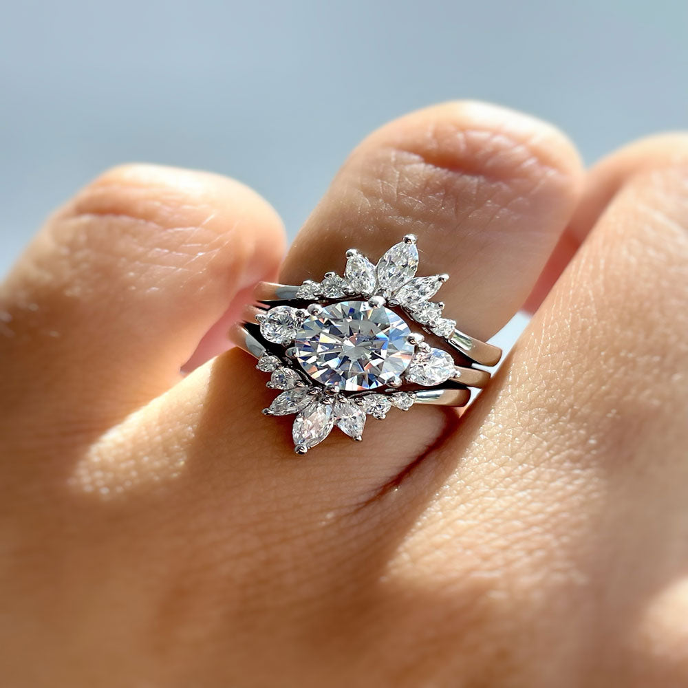 Image Contain: Model Wearing 3-Stone Ring, Flower Curved Band