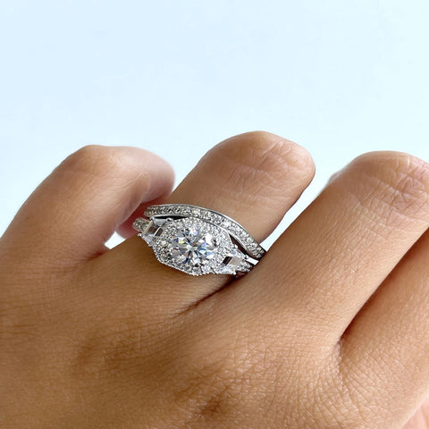 Image Contain: Model Wearing Curved Half Eternity Ring, Halo Ring