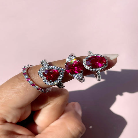 Image Contain: Model Wearing 3-Stone Ring, Eternity Ring, Halo Ring