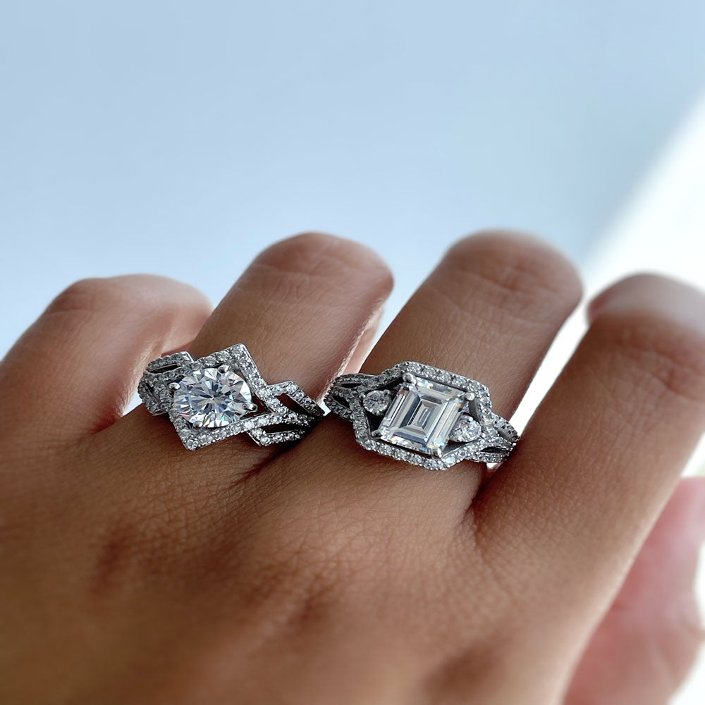 Image Contain: Model Wearing 3-Stone Split Shank Ring, Halo Split Shank Ring