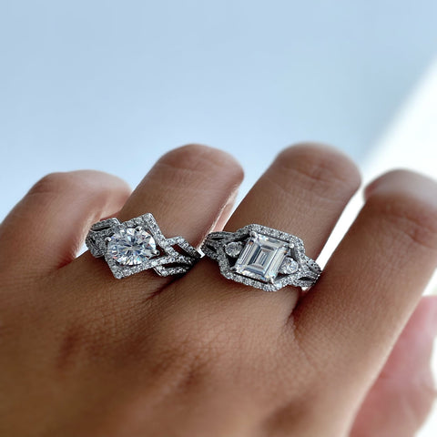 Image Contain: Model Wearing 3-Stone Split Shank Ring, Halo Split Shank Ring
