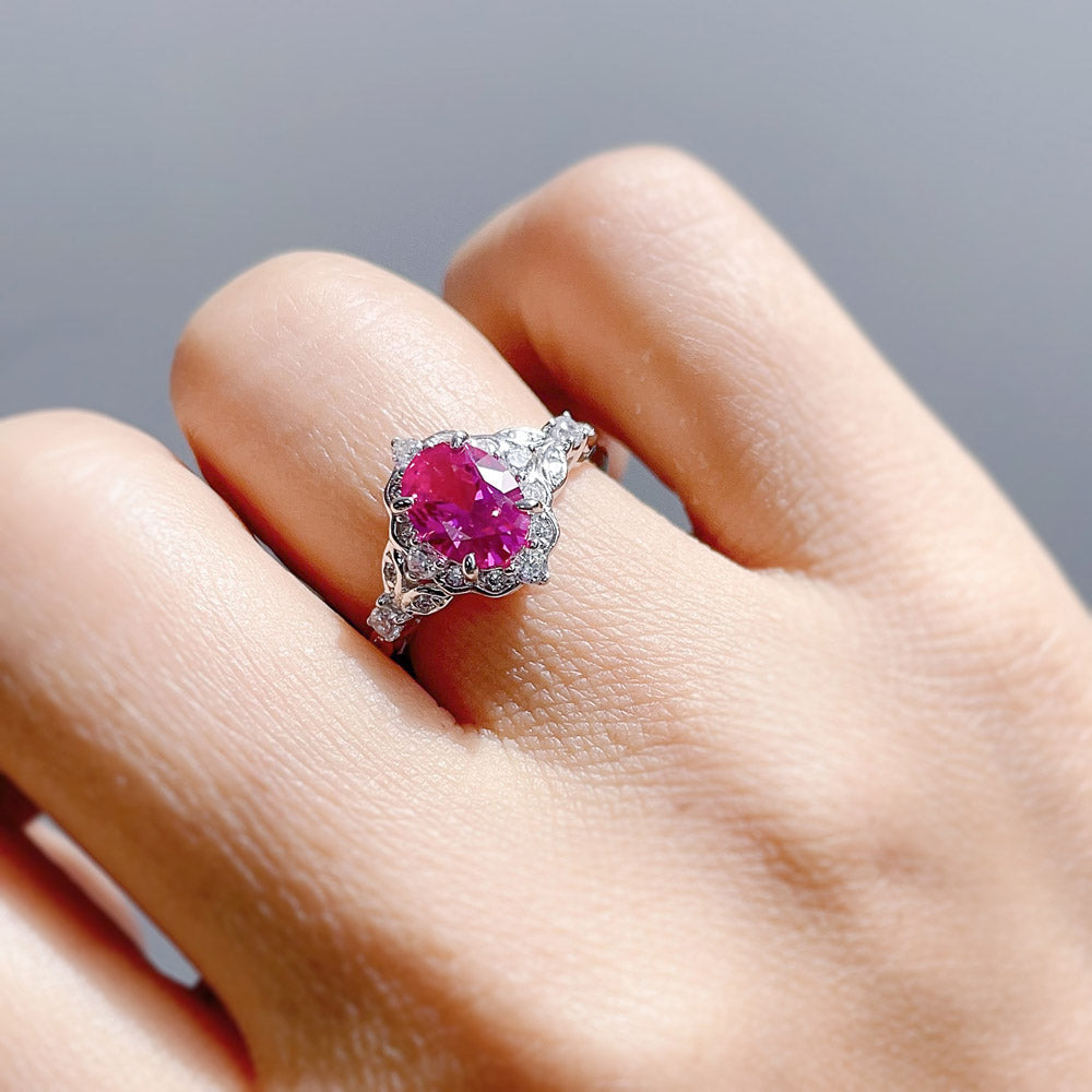 Model wearing Halo Art Deco Pink Oval CZ Ring in Sterling Silver, 6 of 10