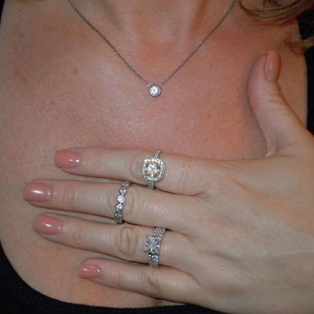 Image Contain: Model Wearing Bubble Eternity Ring, Halo Ring, Solitaire Pendant Necklace, Solitaire with Side Stones Ring