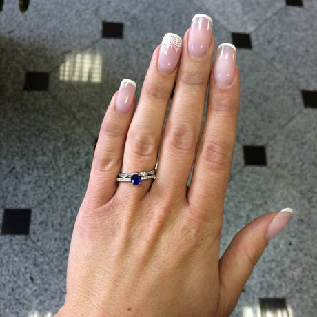 Model Wearing Solitaire with Side Stones Ring, Woven Eternity Ring