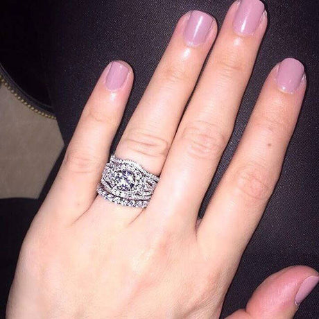 Image Contain: Model Wearing 3-Stone Ring, Eternity Ring, Wishbone Curved Half Eternity Ring