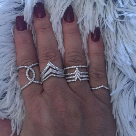 Image Contain: Model Wearing Arrow Ring, Criss Cross Ring, Open Bar Ring, Wishbone Curved Half Eternity Ring