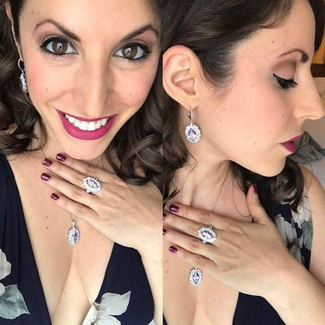 Image Contain: Model Wearing Halo Dangle Earrings, Halo Pendant Necklace, Halo Ring