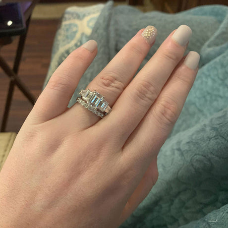 Model Wearing 3-Stone Ring, Eternity Ring