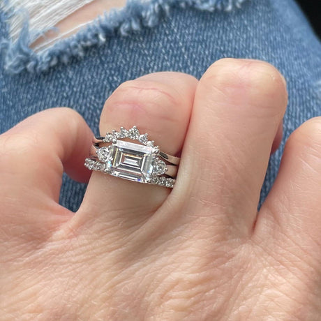 Model Wearing 3-Stone Ring, Eternity Ring, Wishbone Curved Band