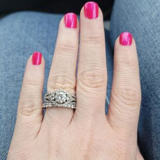 Model Wearing 3-Stone Ring, Eternity Ring