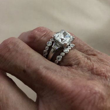 Model Wearing 3-Stone Ring, Bubble Eternity Ring