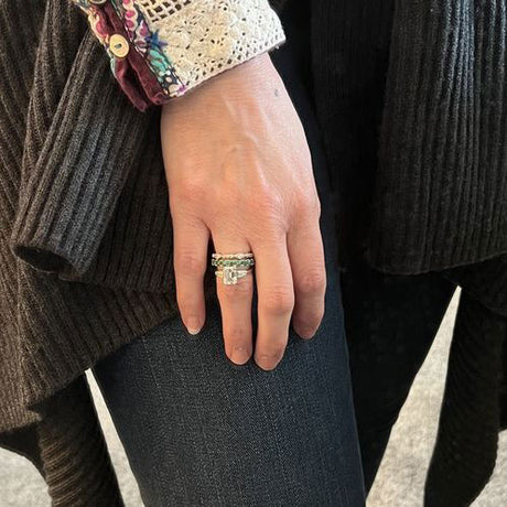 Model Wearing 3-Stone Ring, Art Deco Eternity Ring, Eternity Ring