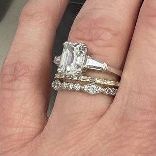 Model Wearing 3-Stone Ring, Art Deco Eternity Ring