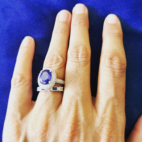 Model Wearing Art Deco Eternity Ring, Halo Ring
